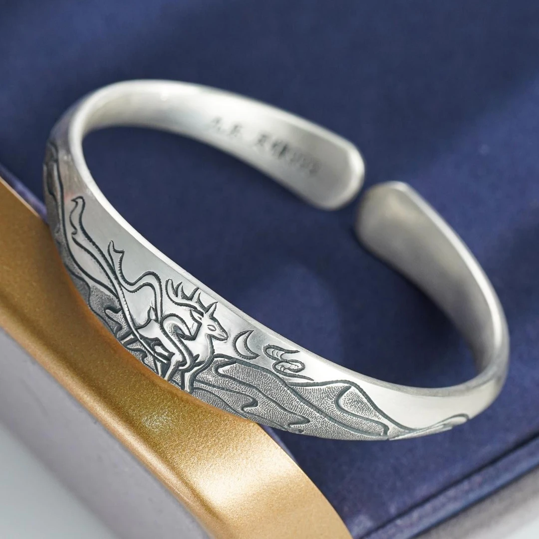 足银手镯 999复古敦煌九色鹿手镯(C)