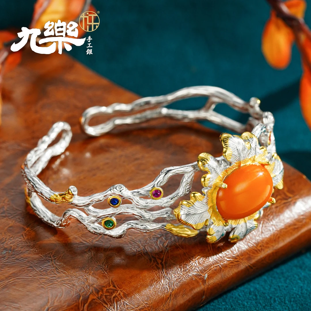 九乐九乐树枝宝石蜜蜡复古开口手镯古典手工国风手工银制 直播46