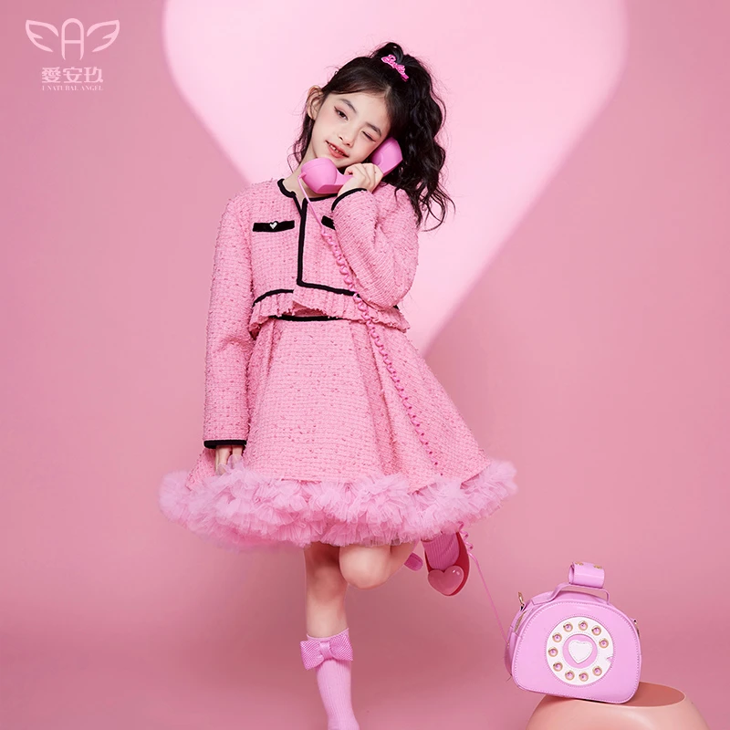 爱安玖女童芭比粉连衣裙套装2024新款春季小女孩芭比风俏AAJ1063