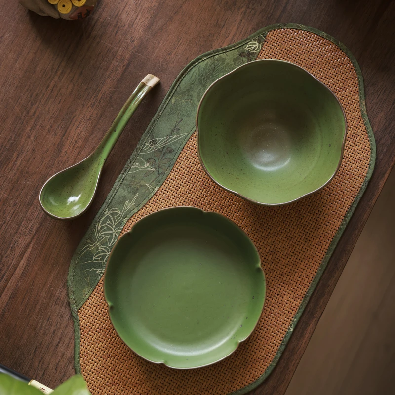 景德镇复古风简约粗陶绿碗碟勺套装A132