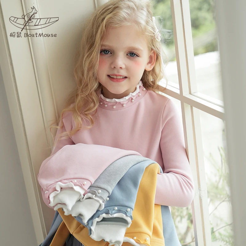 船鼠女童打底衫秋冬加绒半高领薄绒 小女孩儿童长袖t恤女宝宝上衣