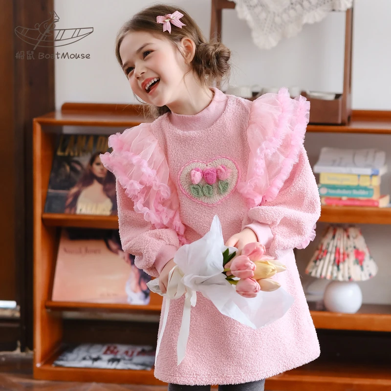 船鼠女童加绒连衣裙秋冬款半高领一体绒儿童裙子女宝宝女孩卫衣裙