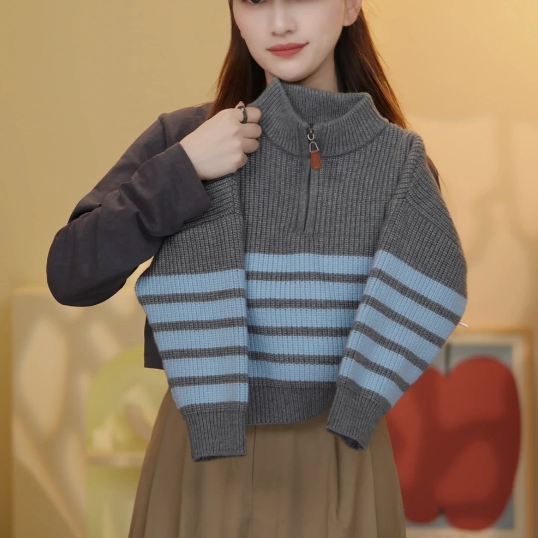 【中大童】儿童新款条纹针织半拉链元宝针织毛衣男童时尚百搭显白