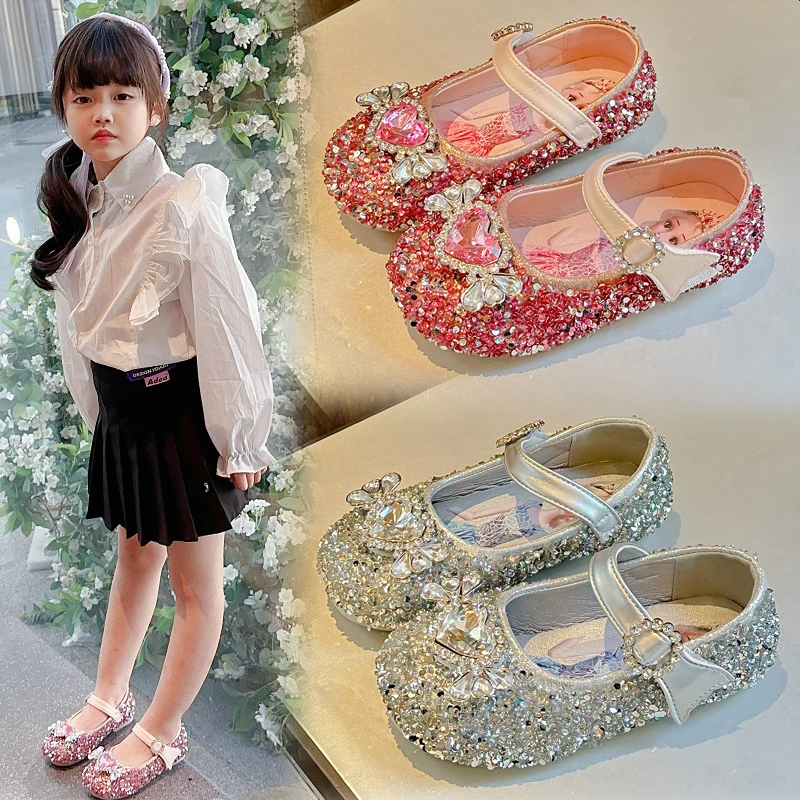 公主鞋女童春秋2024新款爱莎女宝银色水晶鞋儿童鞋子宝宝软底皮鞋