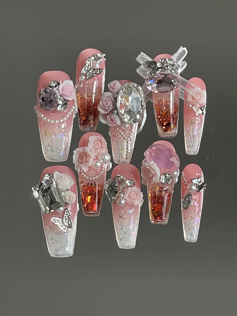 【绮梦】高奢纯欲重工华子镶嵌蕾丝蝴蝶结亮片散粉手工流麻穿戴甲