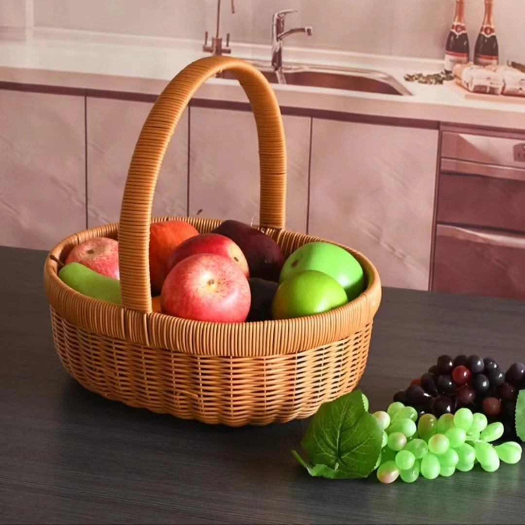 N1仿藤编提手收纳篮铁架加固野餐篮购物篮藤编采摘篮客厅28*22*28