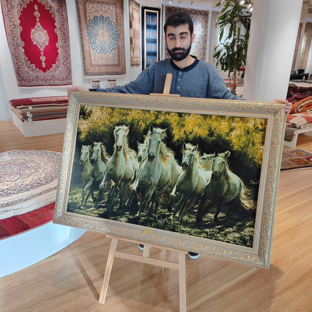 伊朗进口手工编织羊毛加丝吉祥马图案卧室复古挂毯家用方形挂布