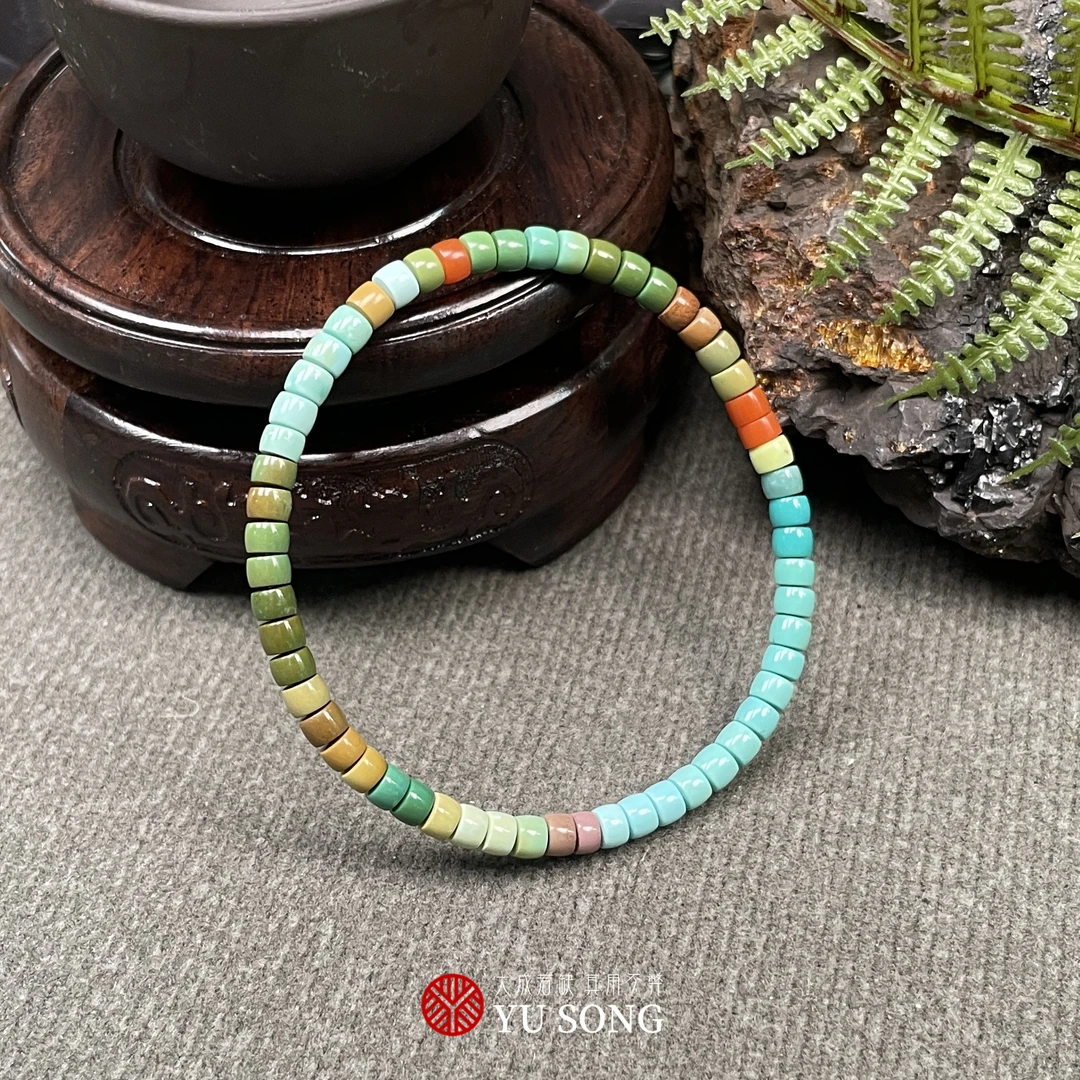 孤品【LX025-2】原矿绿松石彩虹圈手串 长度16cm 珠子3.9mm左右