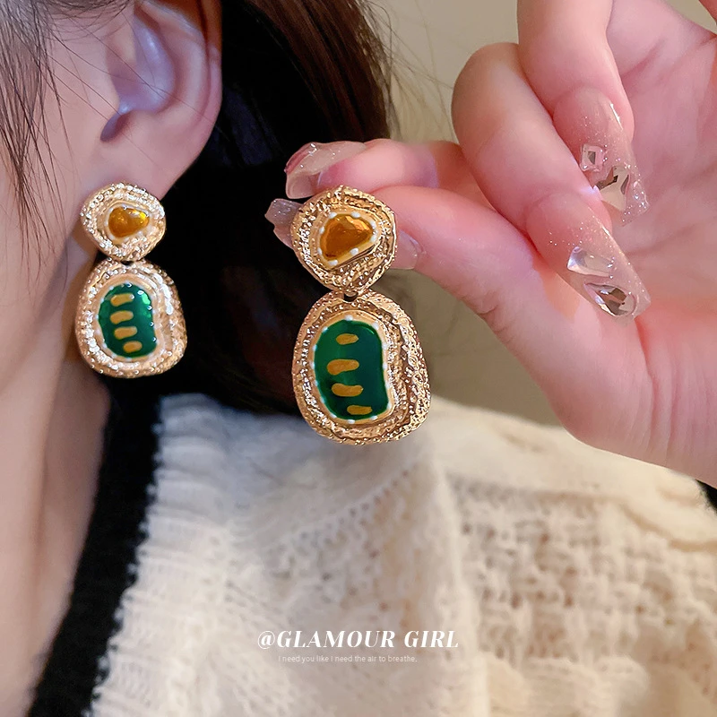 银针滴油珐琅不规则褶皱几何椭圆耳环欧美复古夸张轻奢耳钉耳饰女