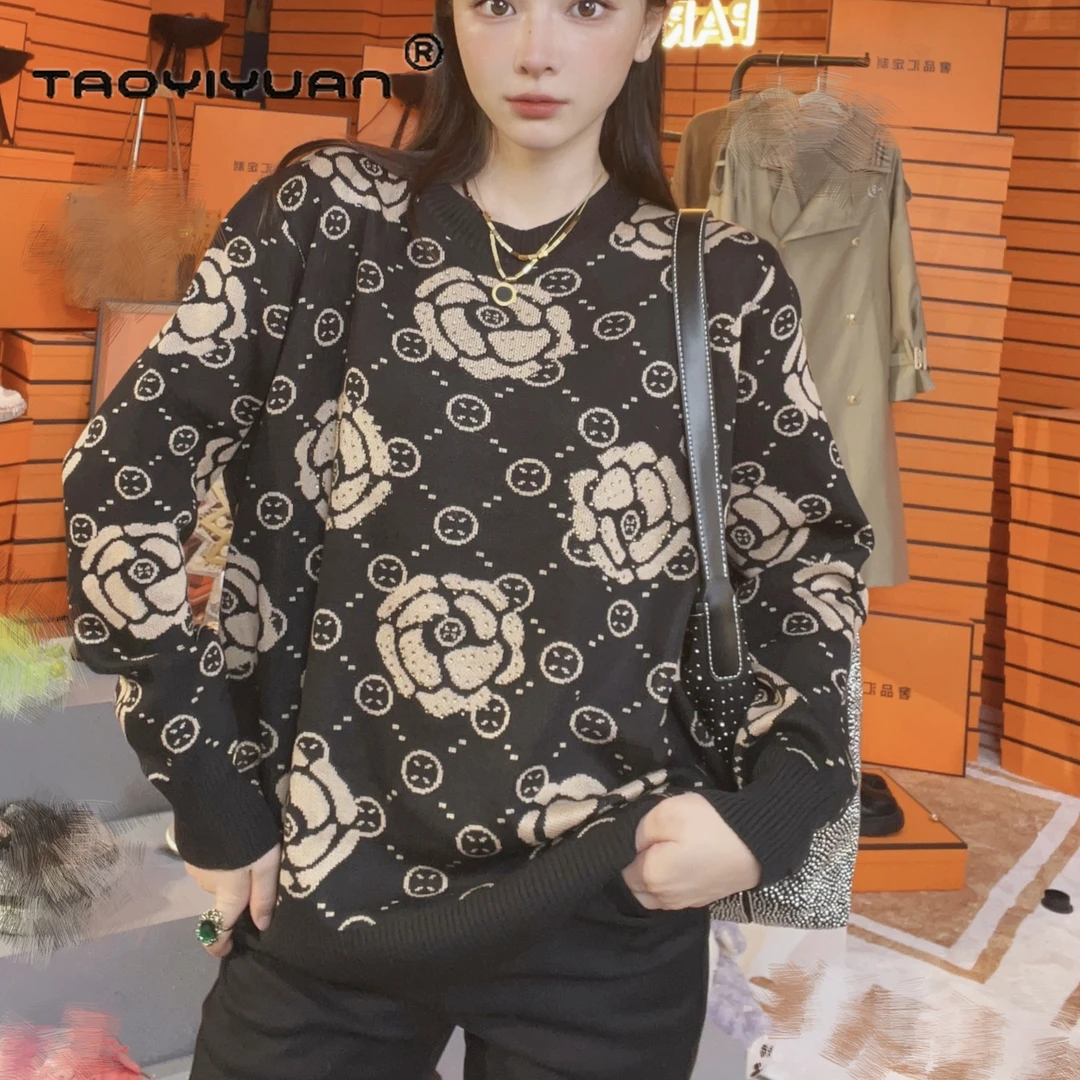 【宠粉-嘉欣专属】 重工镶钻玫瑰花针织衫上衣宽松套头时尚圆领毛衣