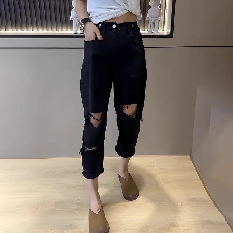 梨形身材微胖女生穿搭大码破洞牛仔裤子女秋季薄款弹力哈伦老爹裤
