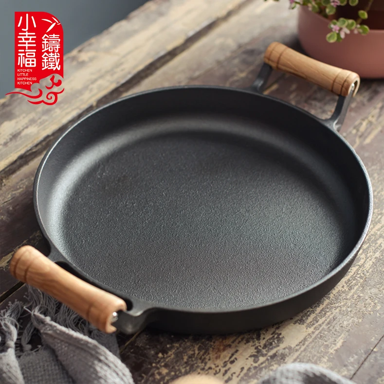 30-33-35CM口径木柄双耳家用煎饼锅烙饼鏊子铸铁锅平底煎锅无涂层