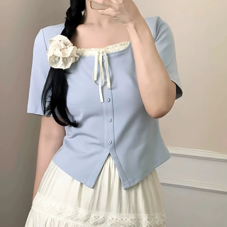 6629大码胖mm夏季法式方领蕾丝拼接假两件短袖上衣纯欲显瘦T恤