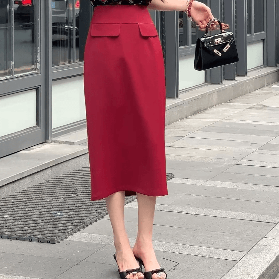 珊珊【外滩街头】港风复古气质轻奢高腰时尚显瘦修身设计女装红色