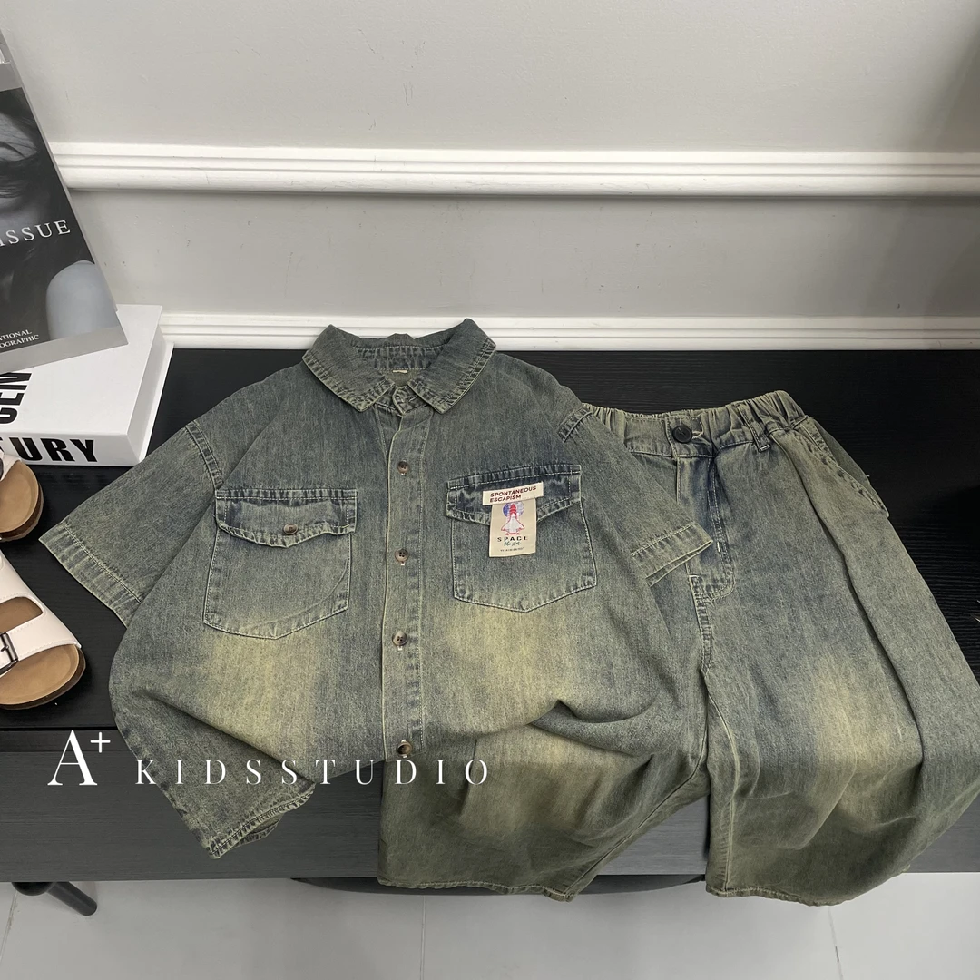 【原版现货】儿童休闲夏季宽松男童女童时尚韩版牛仔套装