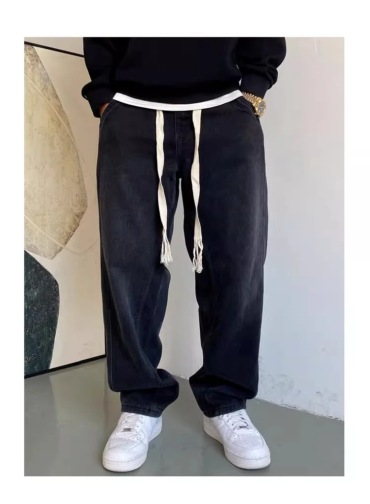 加肥加大码300斤秋季美式休闲痞帅直筒牛仔裤男宽松抽绳阔腿裤ins