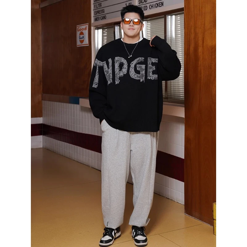 胖子宽松圆领套头毛衣男装2024秋冬新款潮牌加肥加大码长袖针织衫