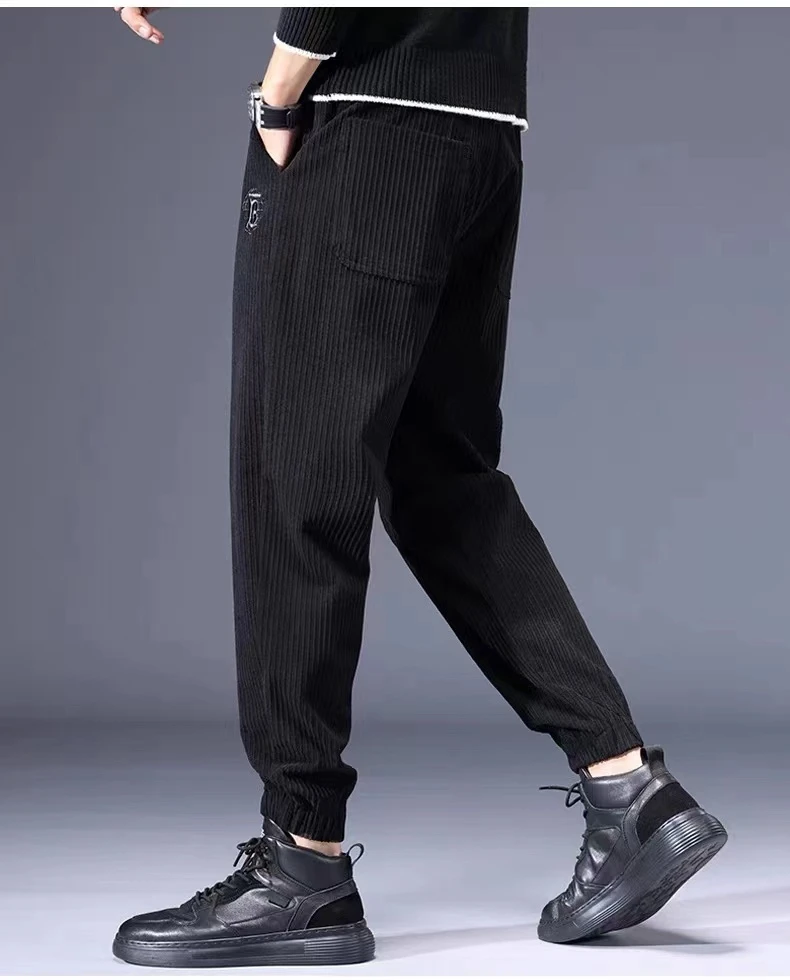 春夏季灯芯绒男士休闲裤宽松弹力束脚哈伦裤韩版潮流百搭长裤子男