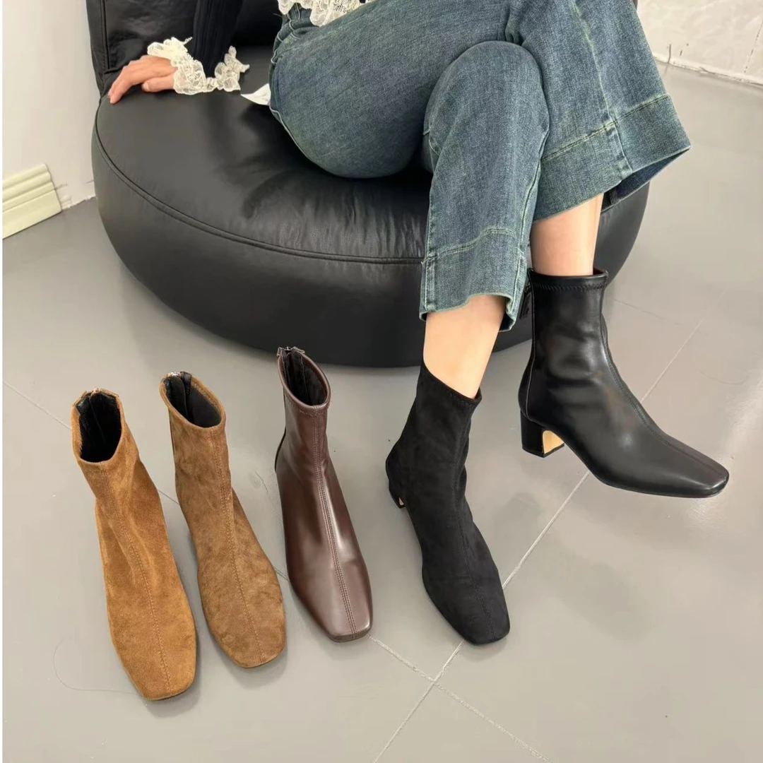 【真皮材质】高跟瘦瘦靴气质韩版方头弹力复古中跟短靴H1