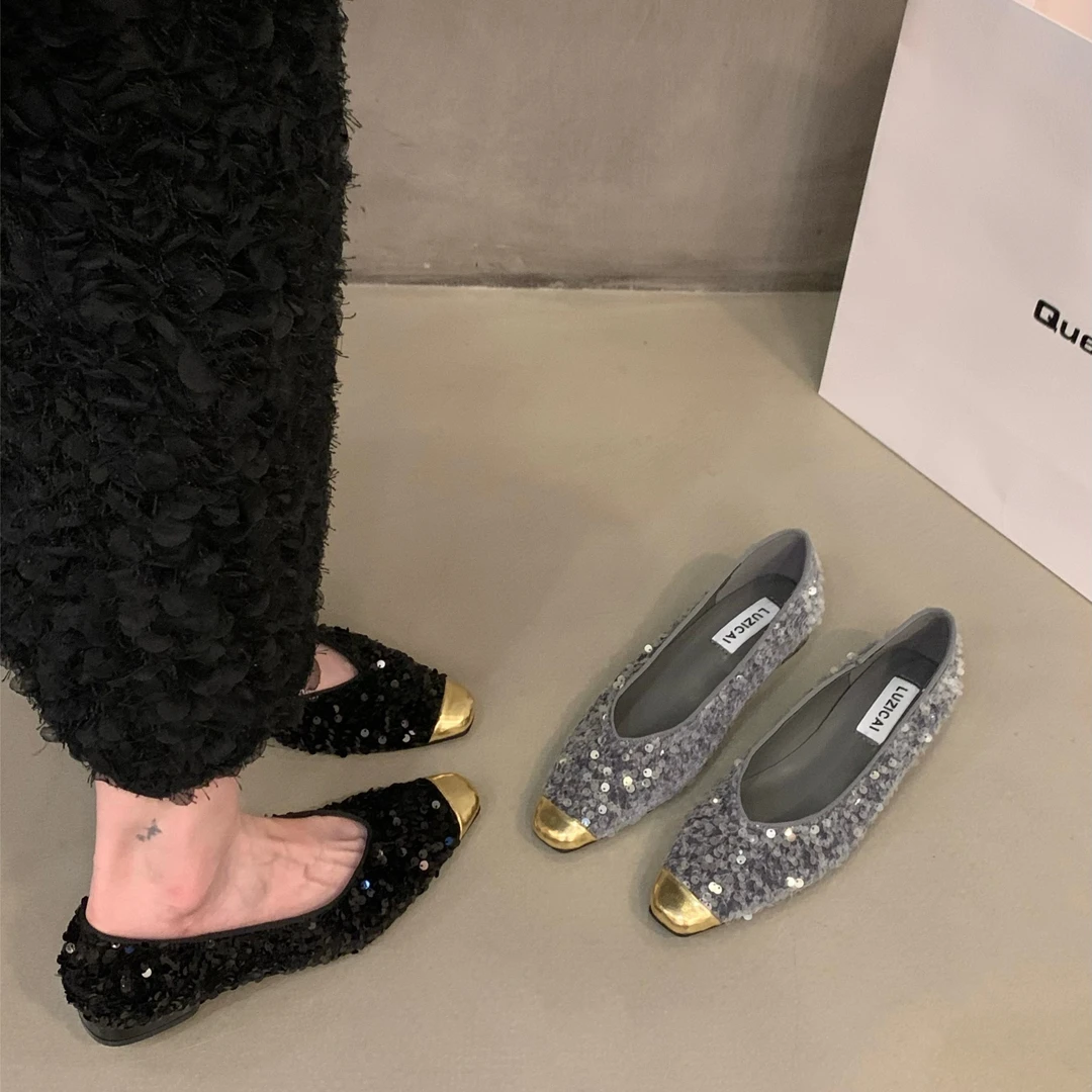 法式低跟高级感亮片小香风单鞋女鞋子气质豆豆瓢鞋G242