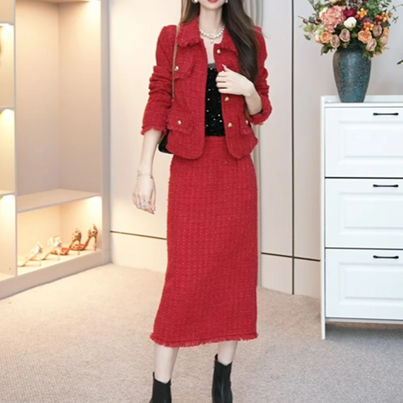 高级感爆款小香风套装女2024秋冬新款夹棉外套半身裙气质战袍9191