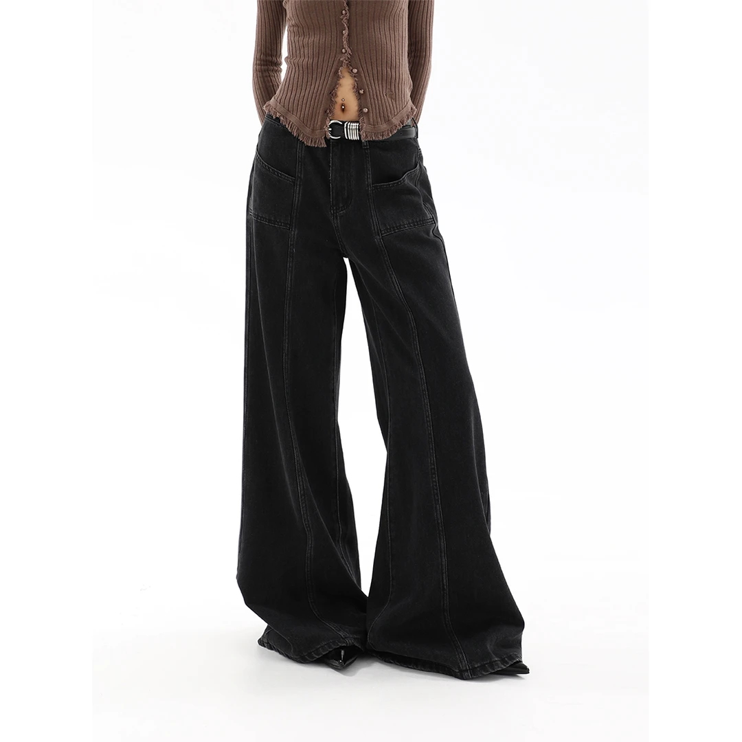 美式复古辣妹低腰直筒微喇叭牛仔裤女春季设计感宽松垂感阔腿裤子