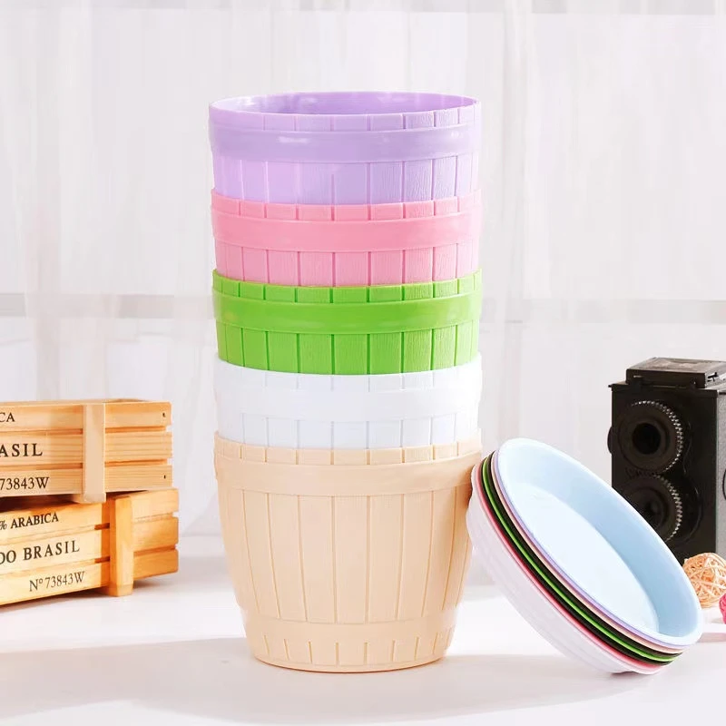 仿木桶彩色横纹糖果色花盆环保塑料中号创意花盆简约