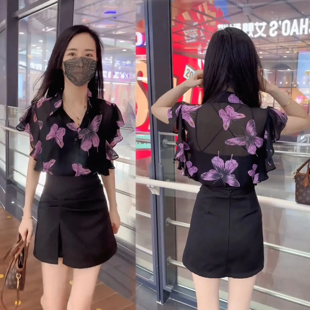 夏季2025翻领无袖蝴蝶印花雪纺衬衫女设计感小众衬衣显瘦气质上衣