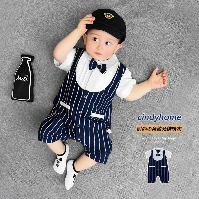 英伦风小绅士男宝宝连体衣夏季薄款百天满月领结哈衣爬服婴儿夏装