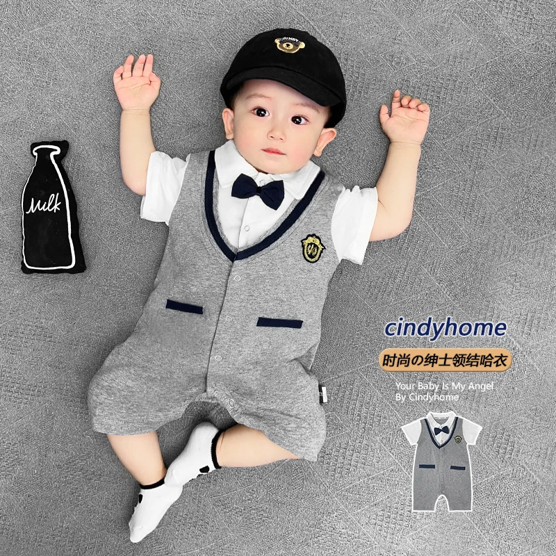 英伦风洋气婴儿连体衣夏季时尚短袖绅士帅男宝宝满月百天爬服哈衣