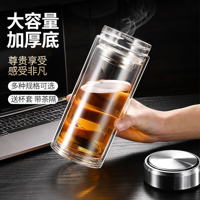 大容量双层玻璃杯便携隔热泡茶杯带盖过滤网家用加厚耐热水杯