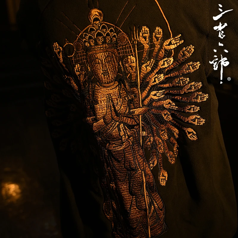 三省六部 千手观音 中国风重磅刺绣摇粒绒保暖男士拉链中式外套