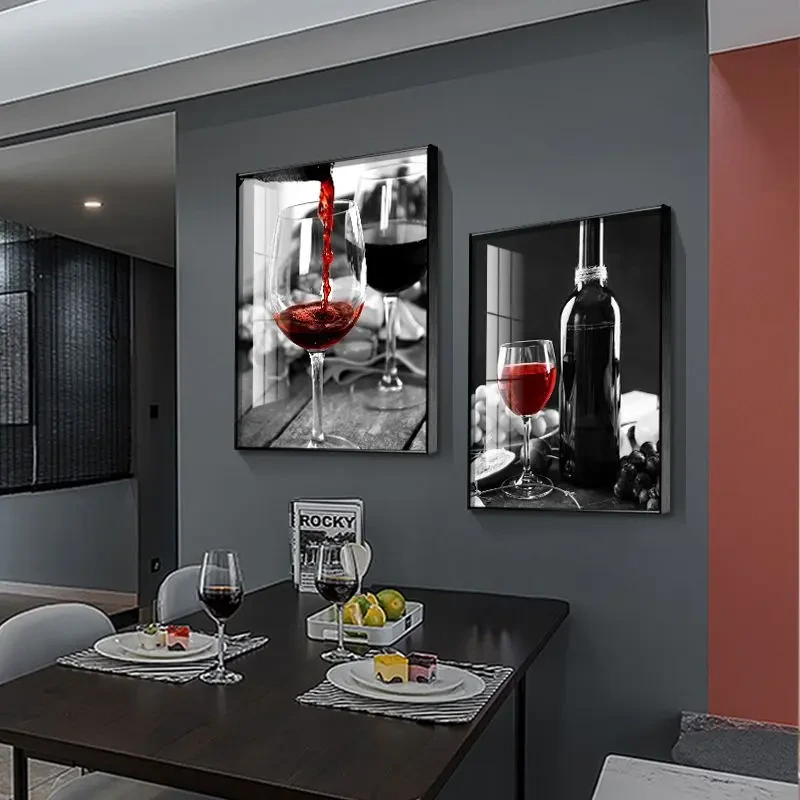 高级感轻奢餐厅装饰画现代简约红酒杯黑白挂画大气北欧餐厅挂画画
