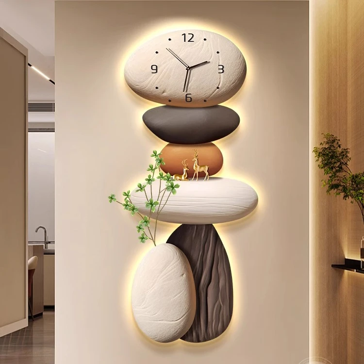 石来运转入户玄关装饰画带钟表发光灯画走廊尽头电视墙好寓意挂画