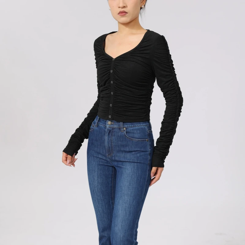 AMASS/阿玛施冬季设计感捏褶衬衫优雅修身V领精致女上衣5301067