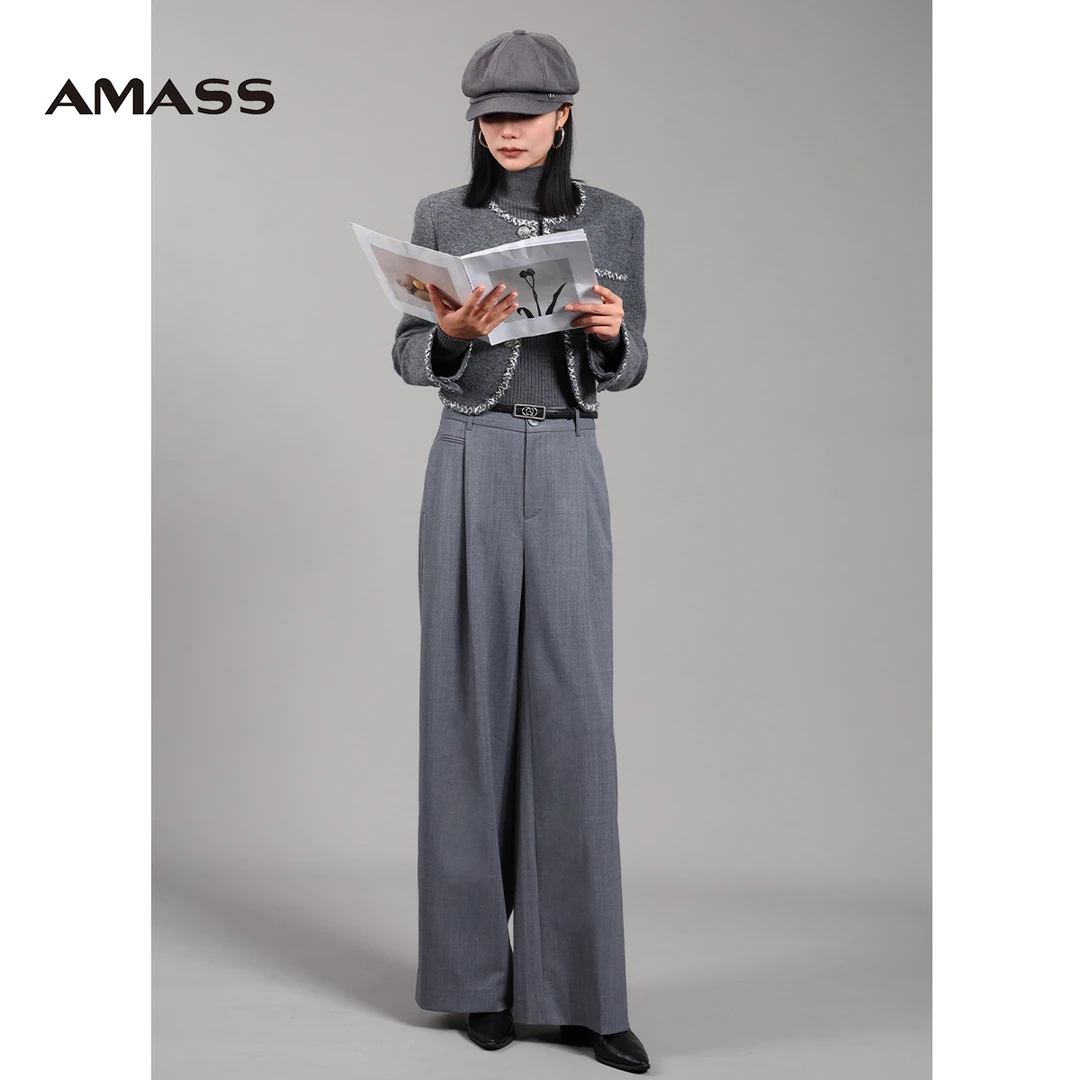 AMASS/阿玛施夏秋新款时尚经典显瘦薄毛料宽腿裤5100649雅丹风