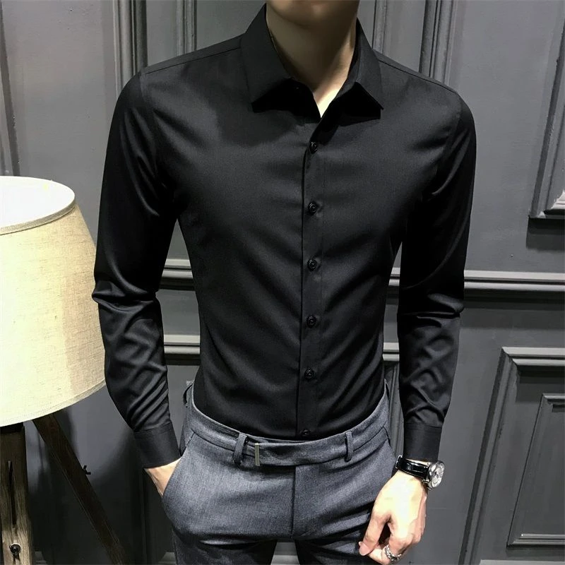 衬衣男纯色长袖商务黑色衬衫尖领免烫抗皱潮流休闲修身打底上衣男