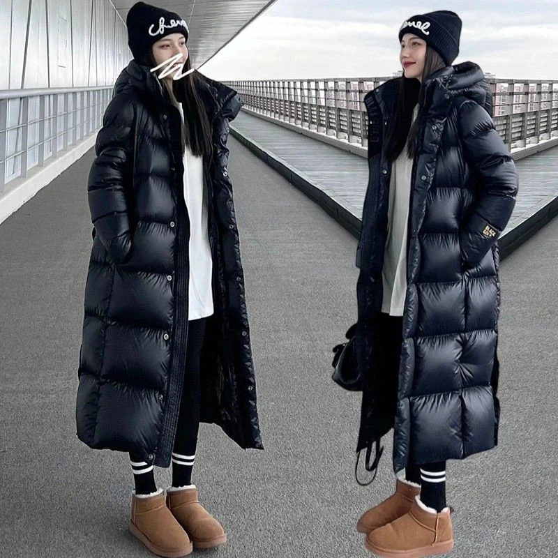 雪中飞反季黑金亮面羽绒服女长款加厚时尚过膝男女情侣款黑金免洗