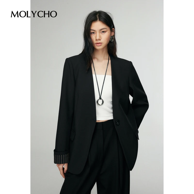 MOLYCHO早春慵懒风条纹拼接西装外套女春季通勤宽松休闲V领小西服