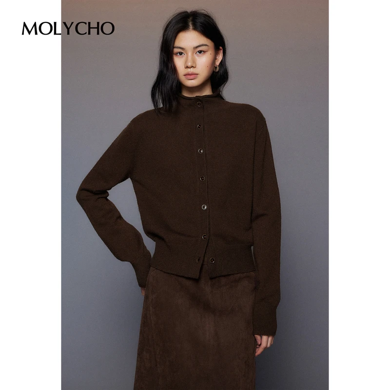 MOLYCHO 咖啡色复古立领针织开衫女秋冬修身毛衣外套打底内搭上衣