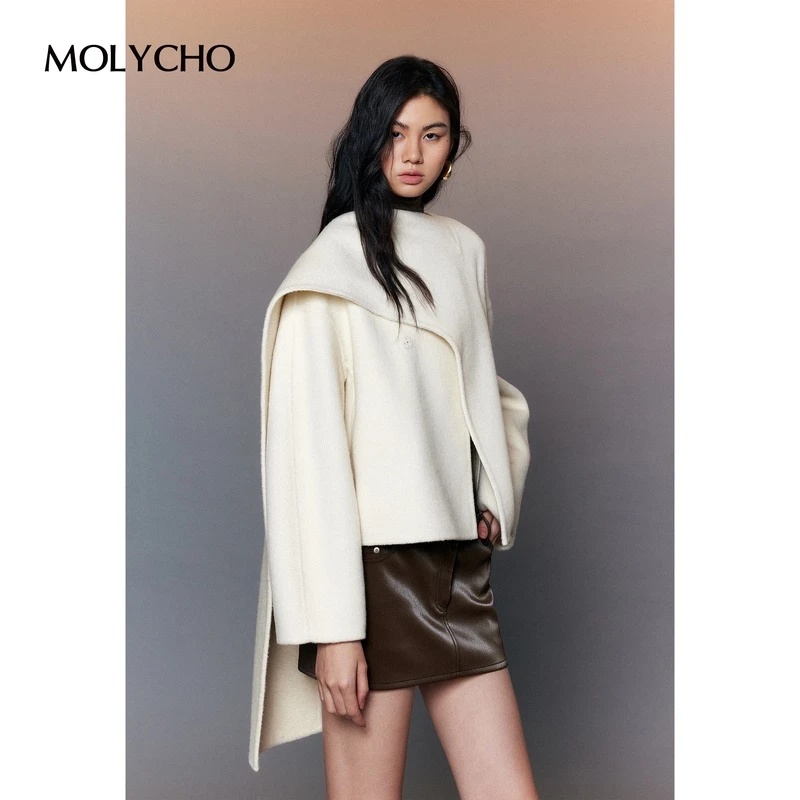 MOLYCHO 绵羊毛双面呢短款呢子大衣女冬季时尚宽松围巾领毛呢外套