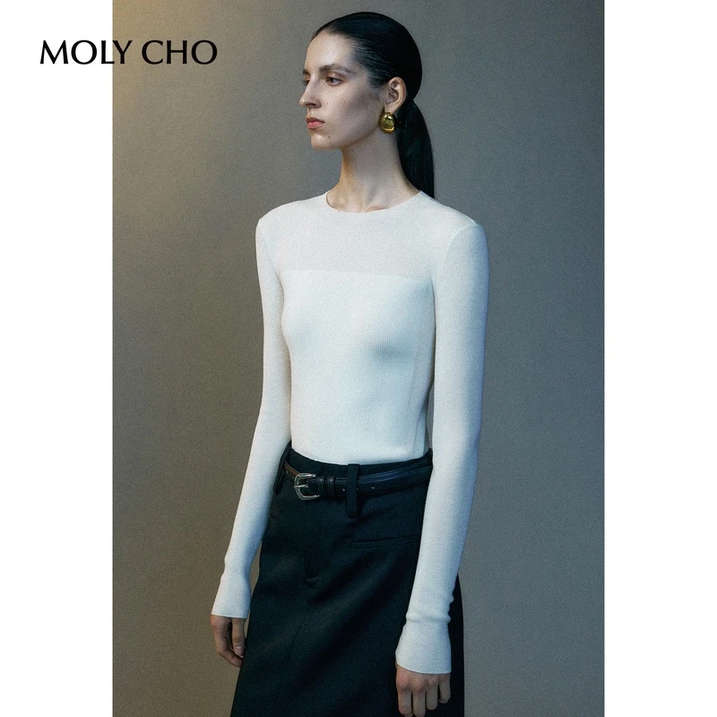 MOLY CHO白色微透针织打底衫女秋季修身显瘦羊毛上衣紧身内搭毛衣