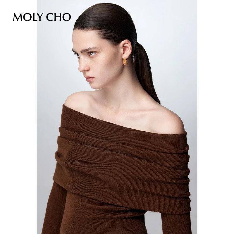 MOLYCHO 一字肩针织打底衫女秋冬内搭露肩上衣美拉德紧身长袖毛衣