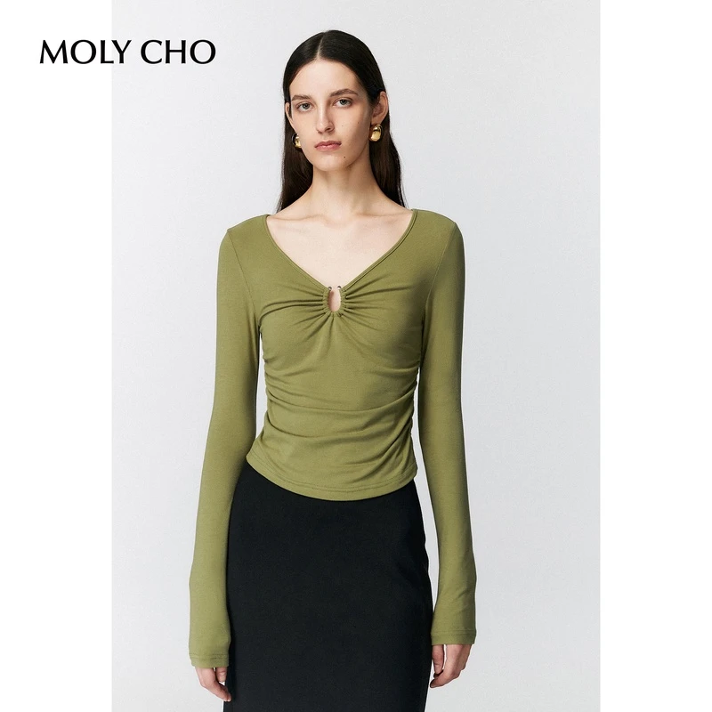 MOLYCHO 低领短款长袖t恤女秋季修身U领打底衫小个子内搭锁骨上衣
