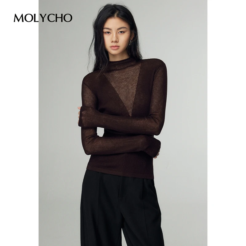 MOLYCHO 镂空微透性感针织衫女秋冬薄款内搭打底毛衣修身显瘦上衣