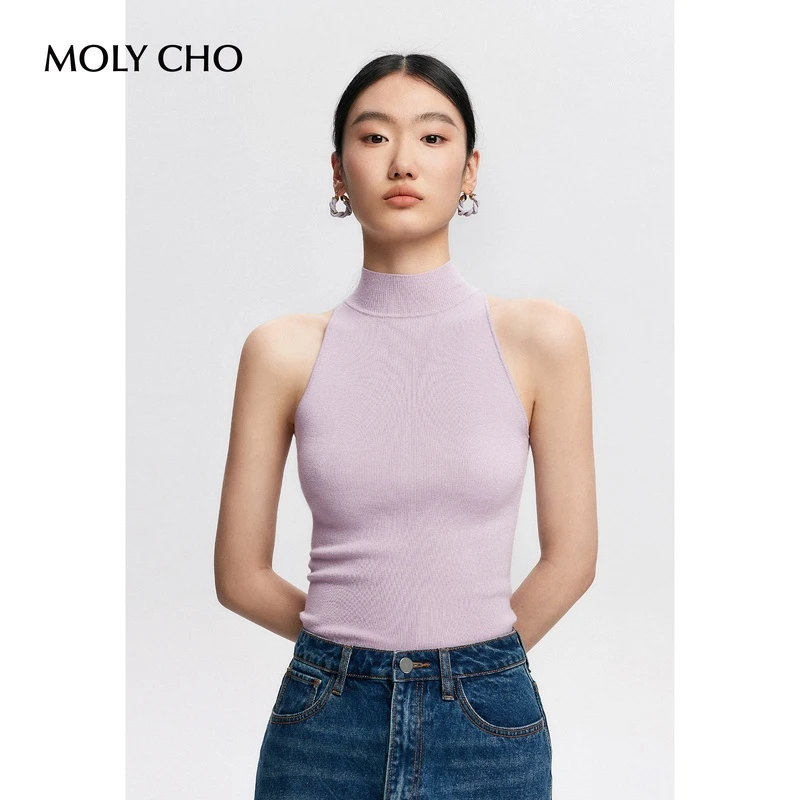 MOLYCHO 紫色工字针织背心女春夏紧身毛衣无袖打底衫半高领上衣