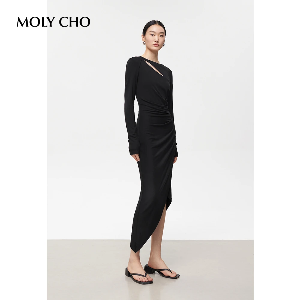 MOLYCHO 镂空不规则连衣裙女褶皱修身收腰开叉中长包臀裙子223179