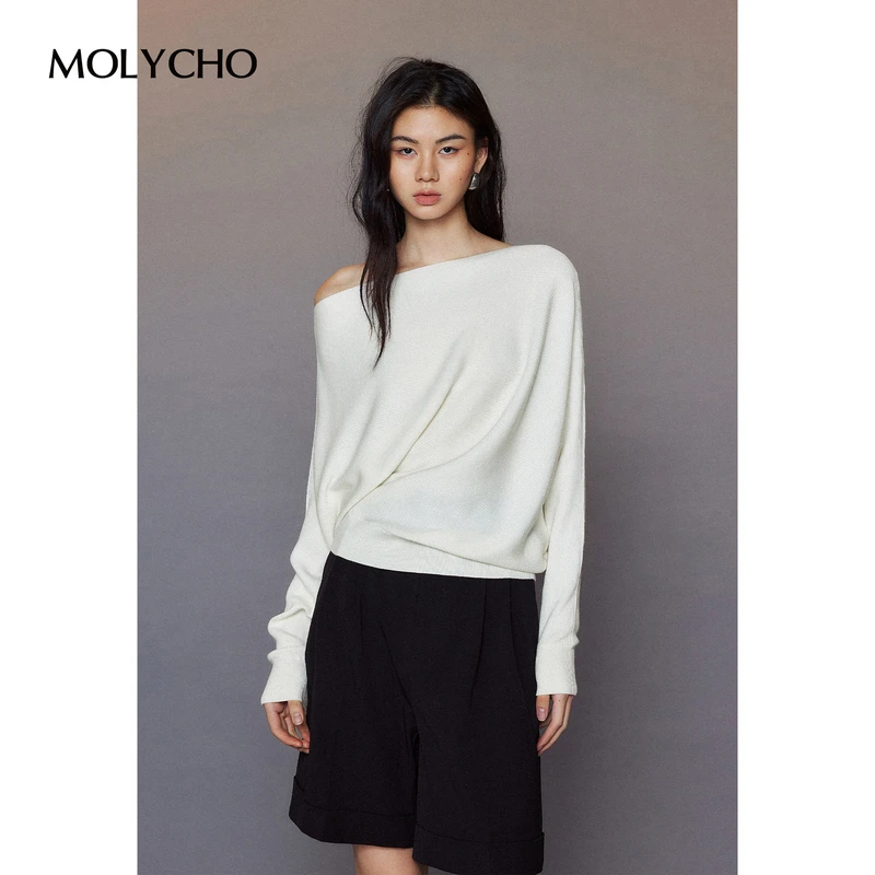 MOLYCHO 慵懒风一字领针织衫女秋冬季内搭打底毛衣不对称斜肩上衣
