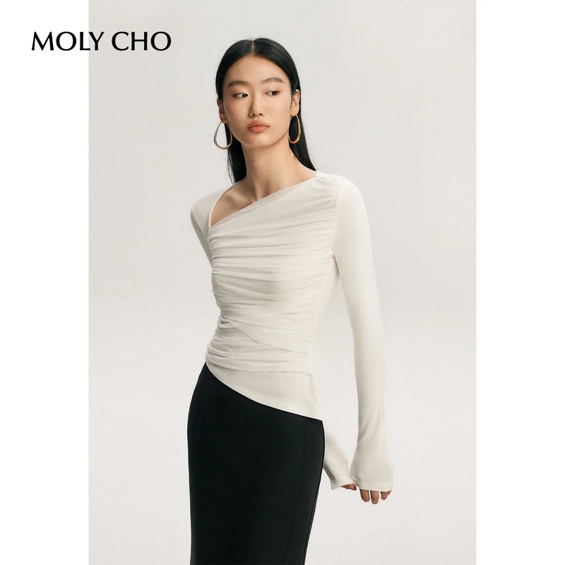 MOLYCHO 不规则设计感斜领T恤女春秋修身显瘦打底衫白色外穿上衣