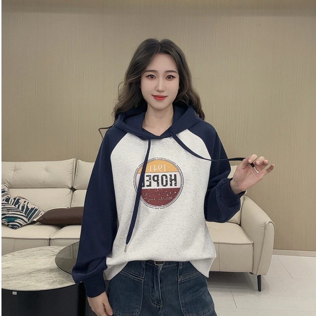 印花圆圈插肩袖短款卫衣连帽宽松韩版秋冬长袖休闲时尚百搭加厚